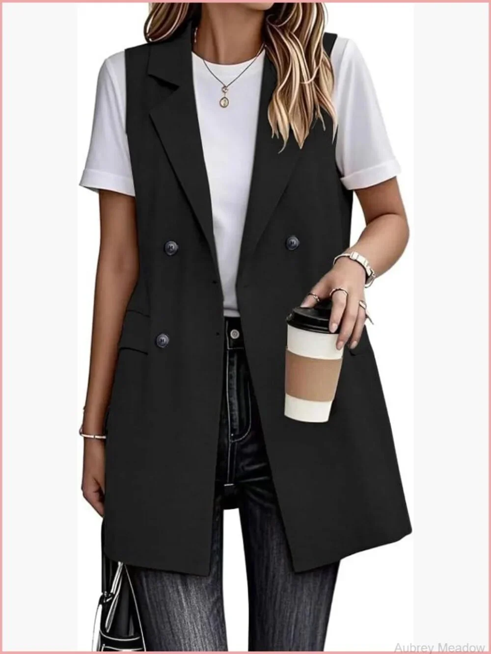 Sleeveless Long Vest Notch Lapel Double Breasted Cotton Linen Blazer Jacket